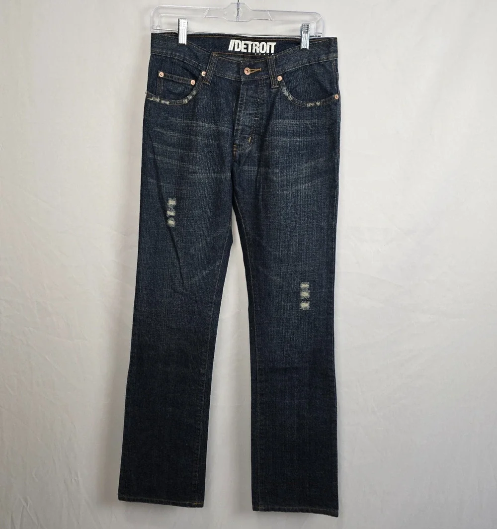 Detroit Denim Button Fly Jeans Men's 28 x 31 Blue Dark Wash Distressed EUC